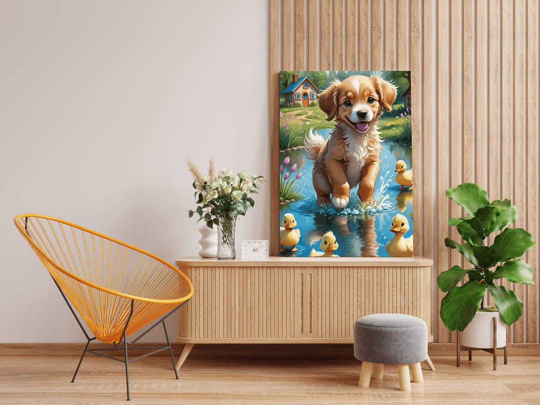 Joyful Puppy and Ducklings: Whimsical Paint by Number Kit - Image 2