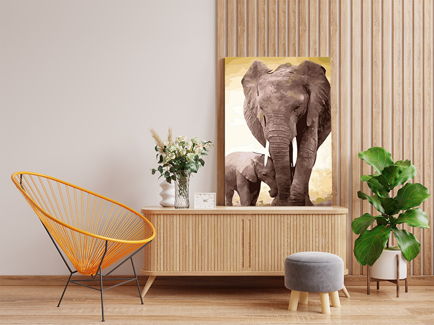 Sepia-Toned Elephant Mother and Calf Paint by Numbers Kit - Image 2