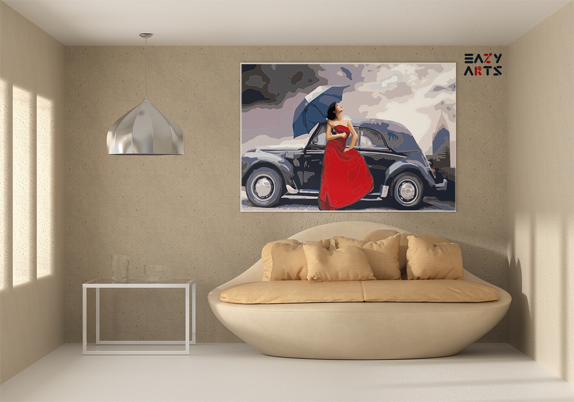 Vintage Elegance: Lady in Red with Classic Car Paint by Numbers Kit - Image 2