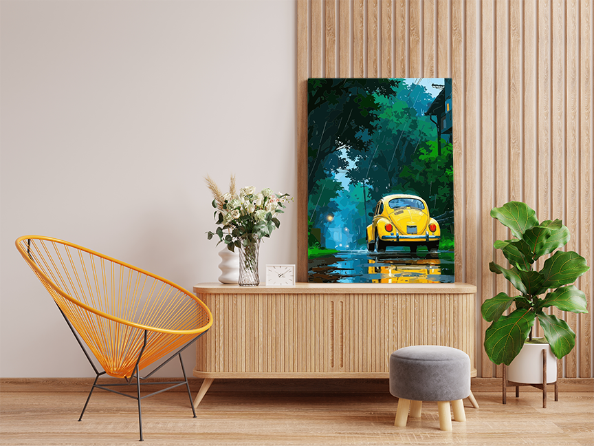 Rainy Day Drive: Yellow Beetle Paint by Numbers Kit - Image 2
