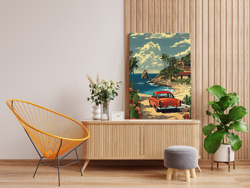 Sunset Coastal Escape: Red Classic Car Paint by Numbers Kit - Image 2