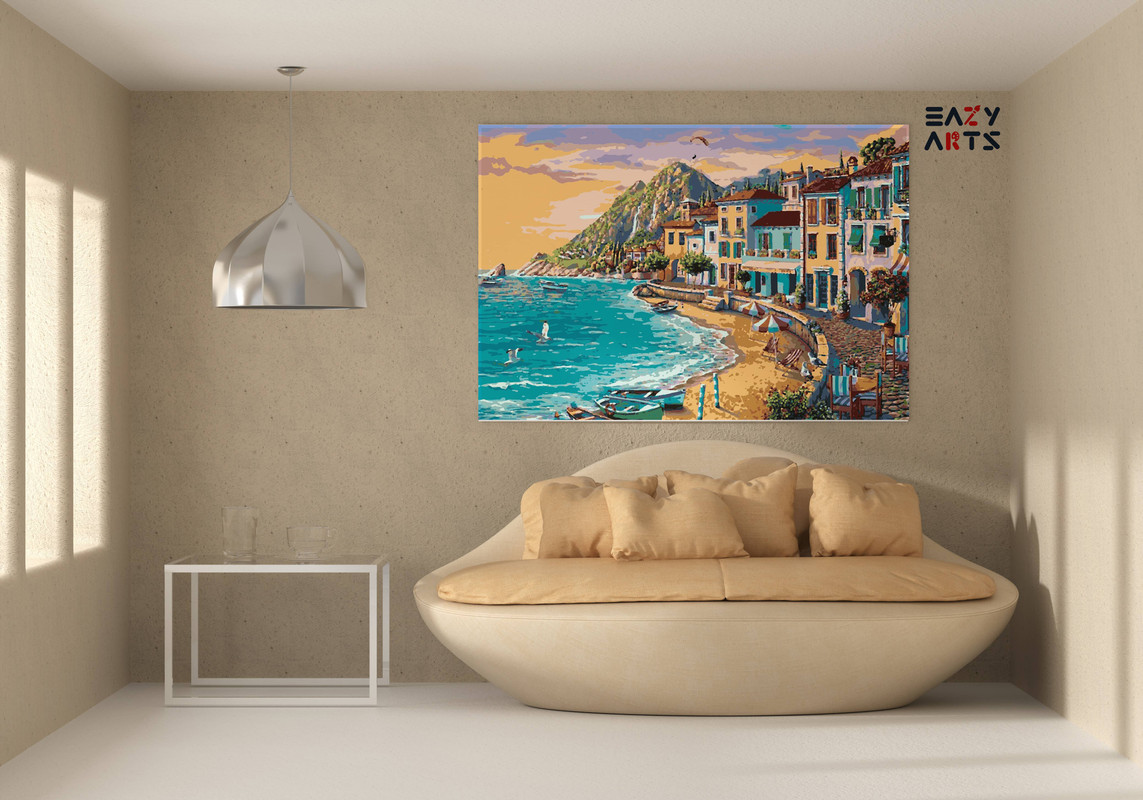 City Beach Boats and Mountains Paint By Numbers kit - Image 2