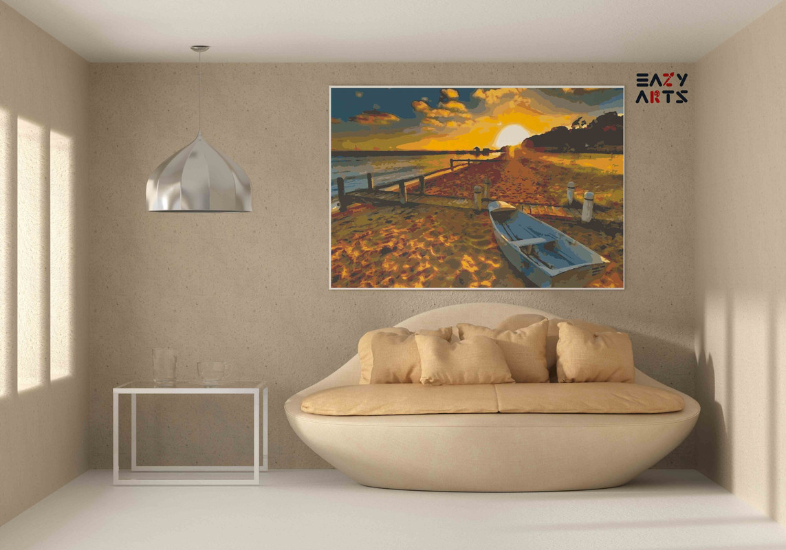 Golden Sunset Over Serene Beach Paint by Numbers Kit - Image 2
