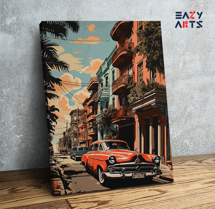 Vintage Car on Vibrant Urban Street Paint by Numbers Kit - Image 2