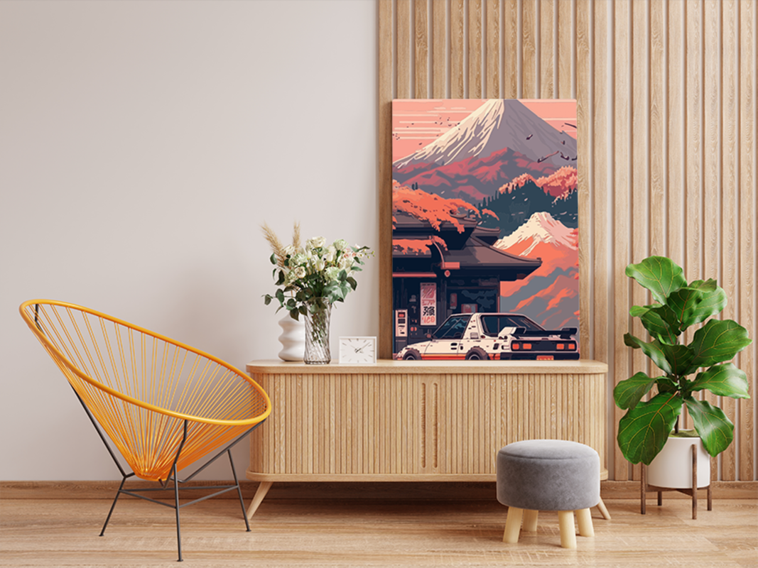 Retro Car at Mountain Temple Paint by Numbers Kit - Image 2