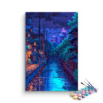 Nighttime City Canal with Neon Reflections Paint by Numbers Kit