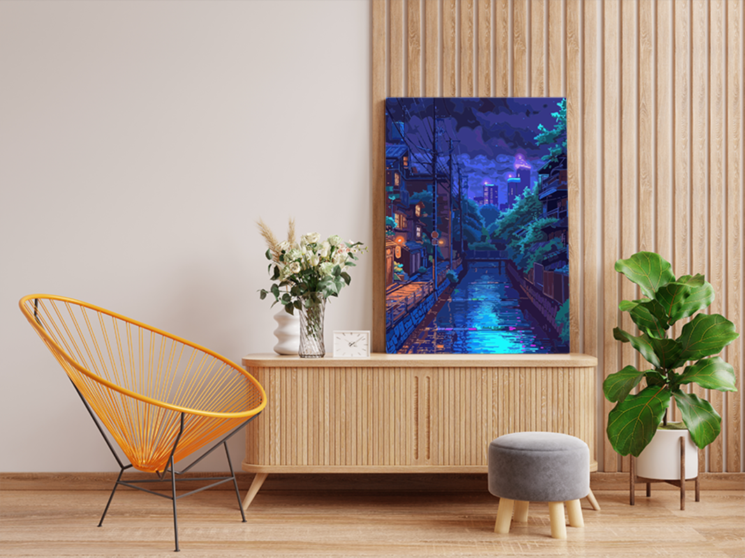 Nighttime City Canal with Neon Reflections Paint by Numbers Kit - Image 2