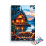 Cozy Cabin by the Lake at Dusk Paint by Numbers Kit