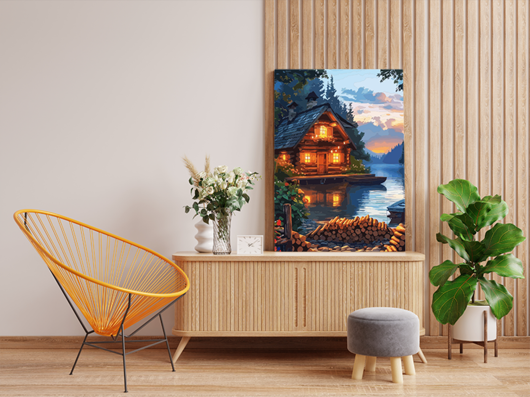 Cozy Cabin by the Lake at Dusk Paint by Numbers Kit - Image 2