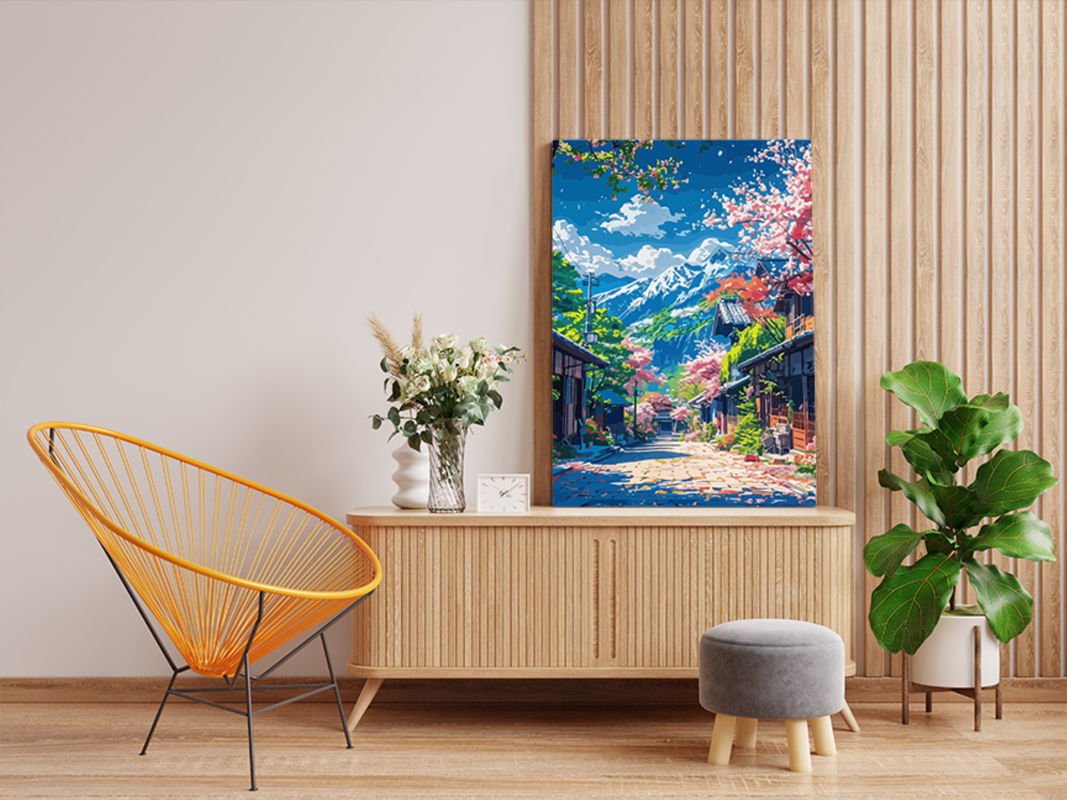 Cherry Blossom Village with Mountain View Paint by Numbers Kit - Image 2