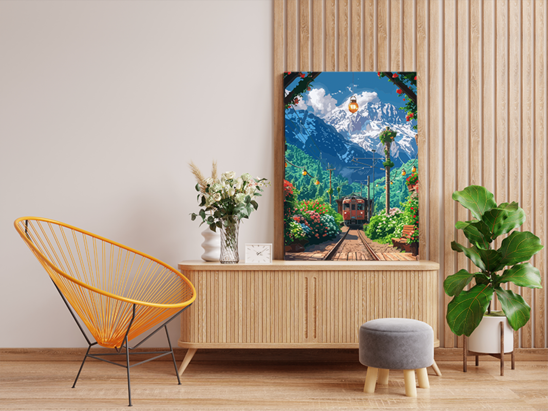 Mountain Train Station Paint by Numbers Kit - Image 2