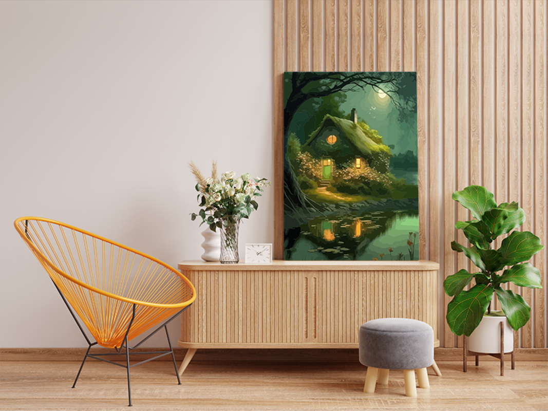 Moonlit Cottage by the Lake Paint by Numbers Kit - Image 2