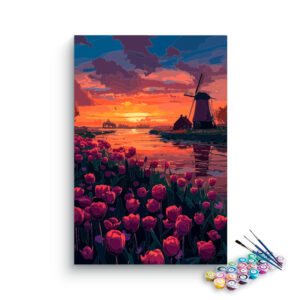 Sunset Over Tulip Fields and Windmill Paint by Numbers Kit