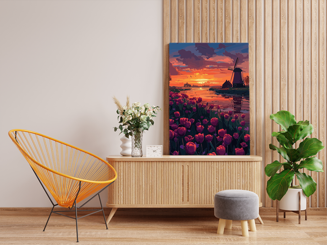 Sunset Over Tulip Fields and Windmill Paint by Numbers Kit - Image 2