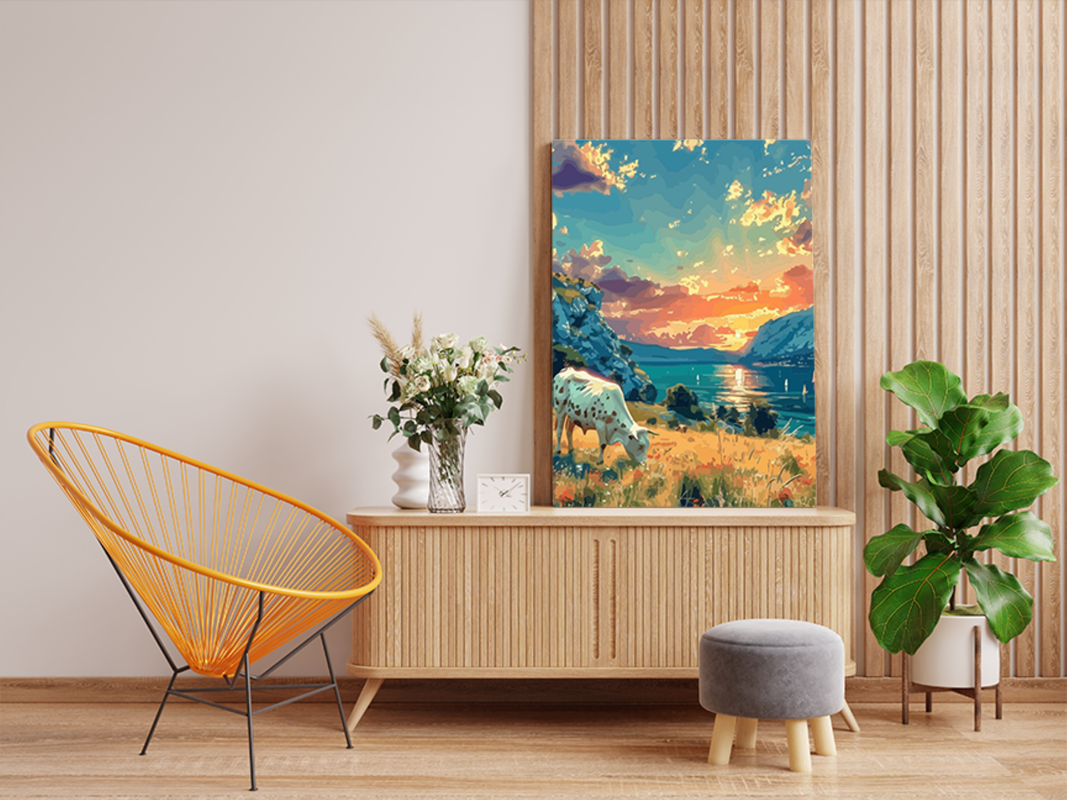 Grazing Cow by Sunset Lakeside Paint by Numbers Kit - Image 2