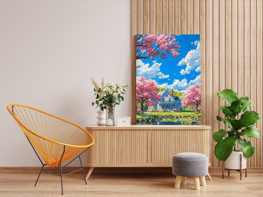 Springtime Cottage by the Lake Paint by Numbers Kit - Image 2