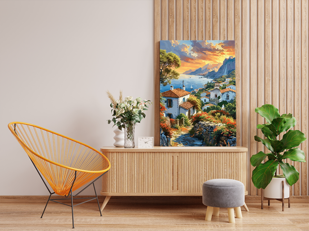 Sunset Over Mediterranean Village Paint by Numbers Kit - Image 2