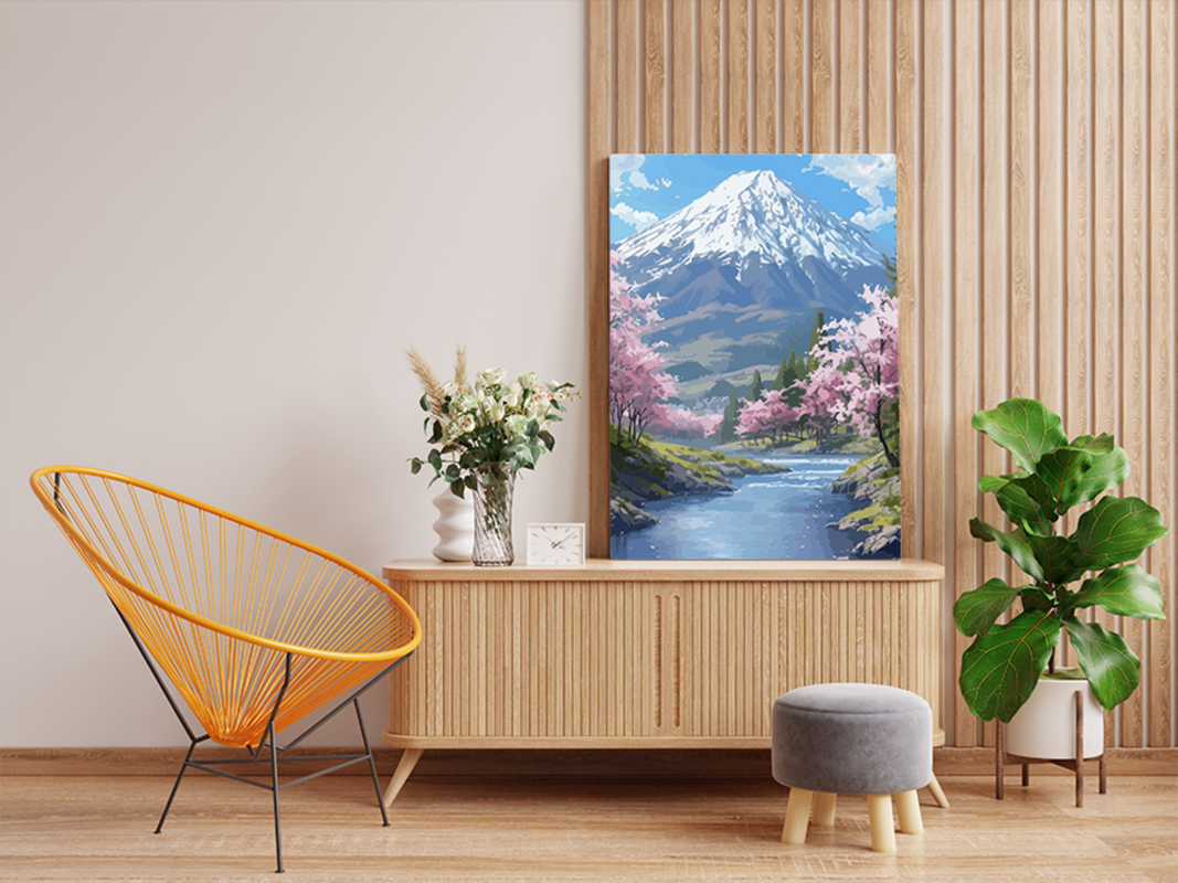 Cherry Blossom Mountain View Paint by Numbers Kit - Image 2