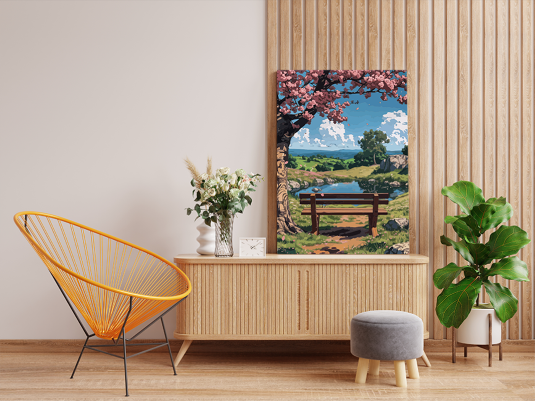 Cherry Blossom Bench View Paint by Numbers Kit - Image 2