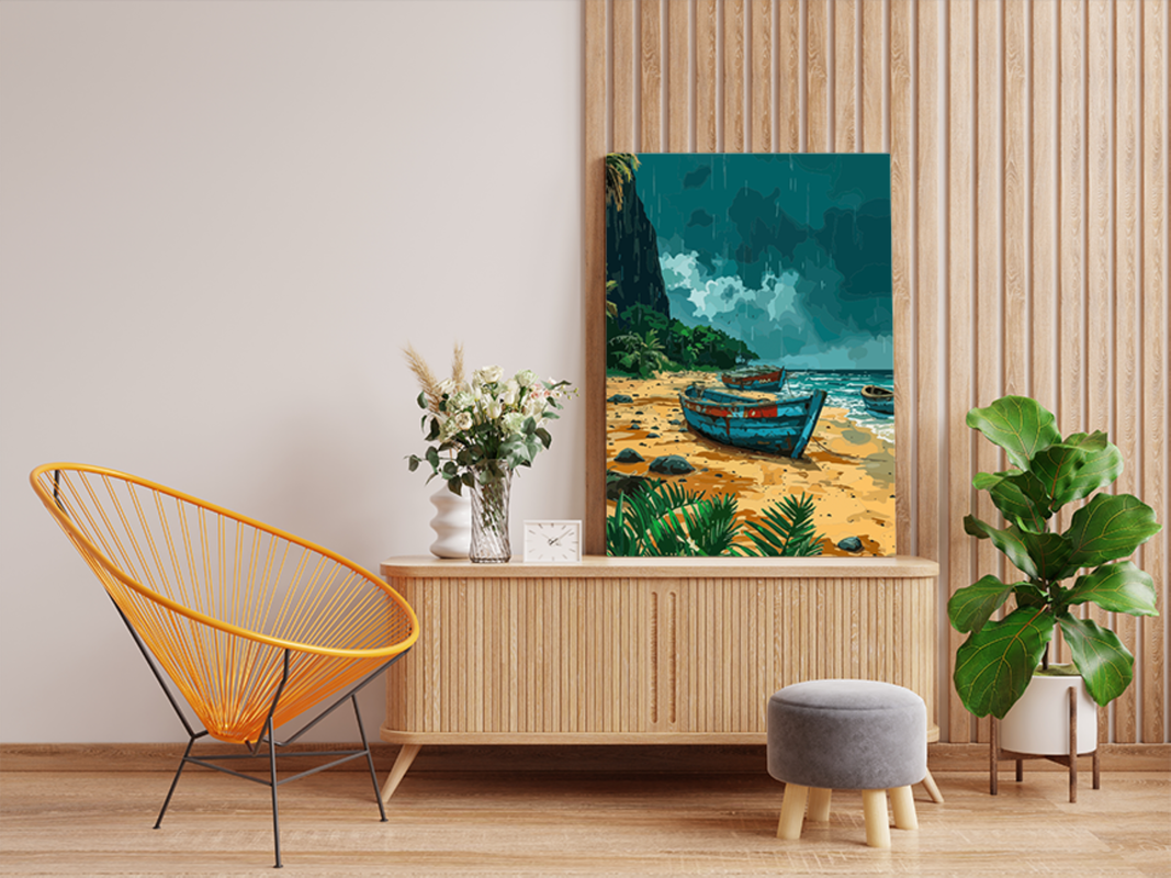 Rainy Shoreline Boats Paint by Numbers Kit - Image 2