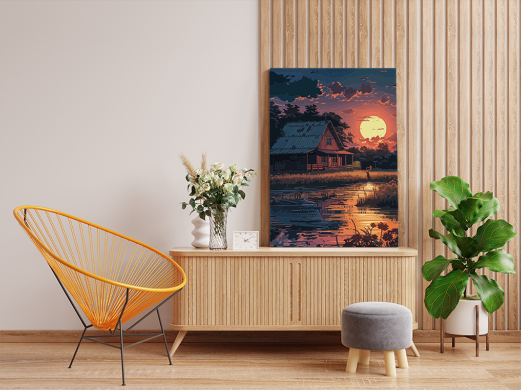 Rustic Cabin Sunset by the Lake Paint by Numbers Kit - Image 2