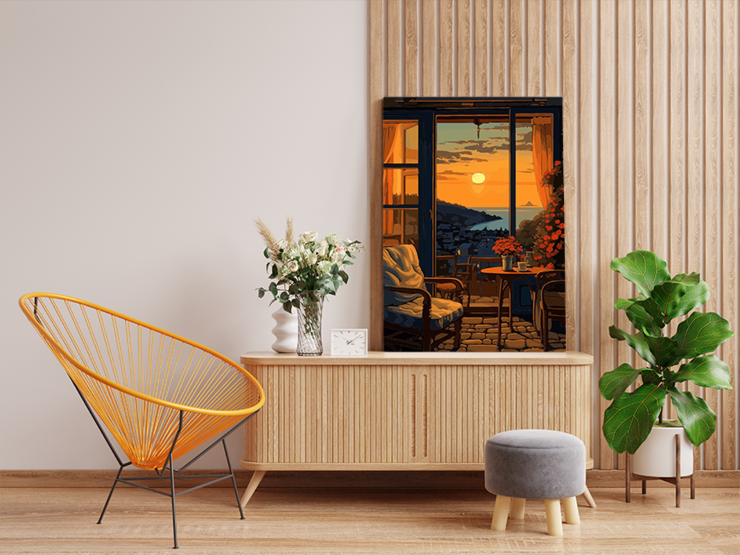 Golden Sunset View: Balcony and Horizon Paint by Numbers Kit - Image 2