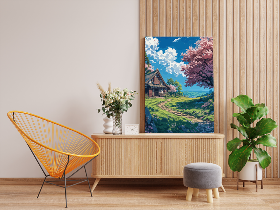 Tranquil Cottage with Blossoms Paint by Numbers Kit - Image 2