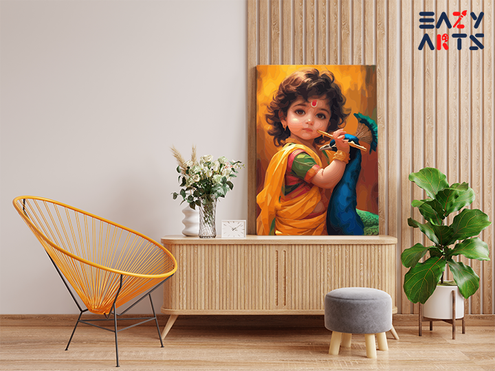 Divine Childhood: Little Krishna with Flute and Peacock Paint by Numbers Kit - Image 2
