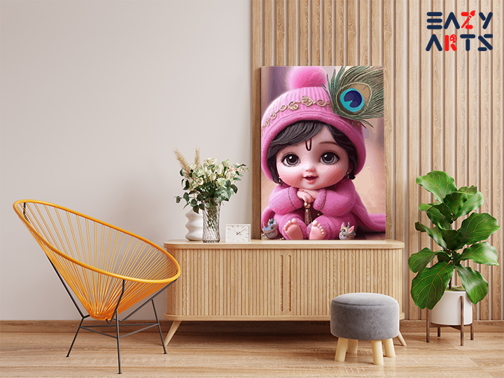 Adorable Krishna: Baby Krishna in Pink with Peacock Feather Paint by Numbers Kit - Image 2