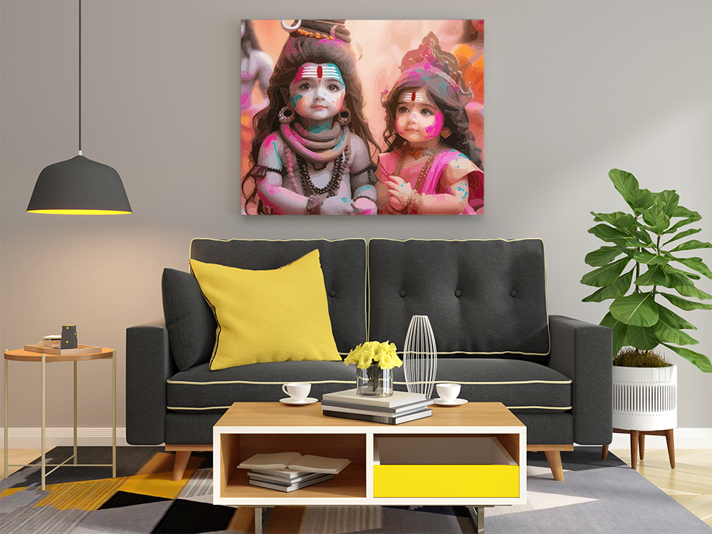 Divine Playfulness: Little Shiva and Parvati Holi Celebration Paint by Numbers Kit - Image 2