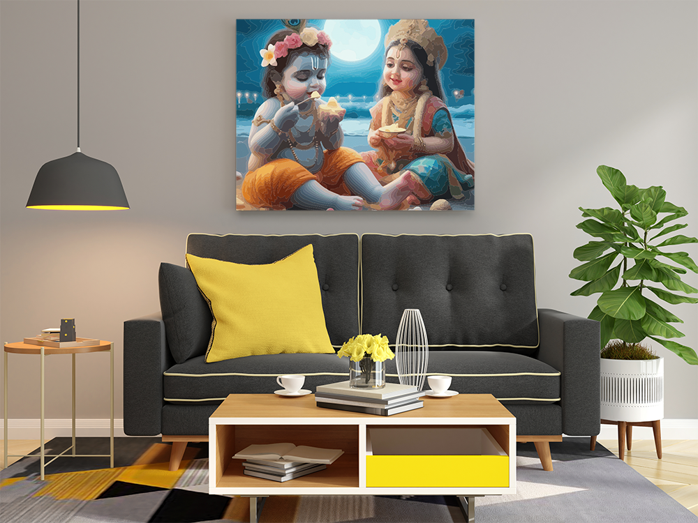 Moonlit Feast: Krishna and Radha's Sweet Delight - Paint by Numbers Kit - Image 2