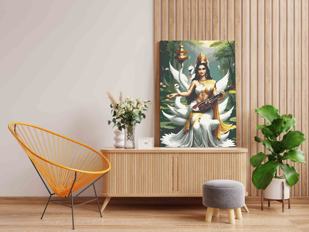 Goddess Saraswati with Veena and Swans Paint by Numbers Kit - Image 2