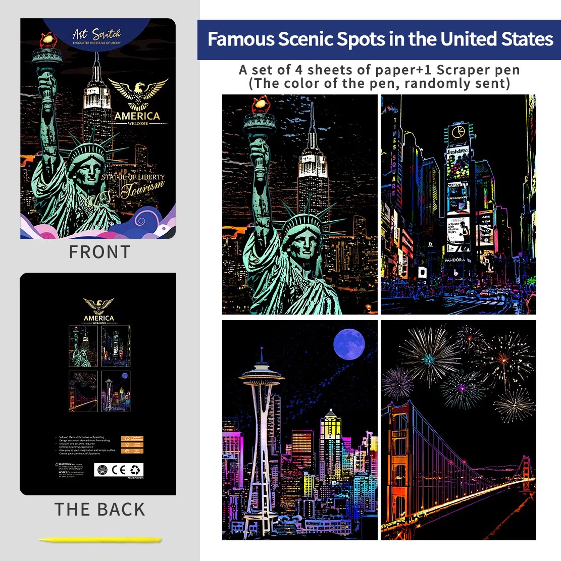 Famous US Landmarks Scratch Painting Kit β Statue of Liberty, Times Square & More - Image 4