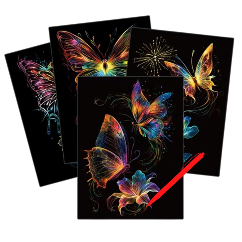Light up your art time with this Glow in the Dark Butterfly Scratch Painting Kit, where vibrant butterflies and blooming flowers come to life in radiant neon hues. Scratch away the black surface to reveal magical, glowing patterns that continue to shine even in the dark! This DIY kit includes stunning butterfly designs with intricate floral elements, making it perfect for kids, teens, and adults who enjoy relaxing crafts and glowing art. Whether it’s a unique gift, a mindful activity, or a decorative masterpiece, this kit transforms your creativity into luminous beauty.